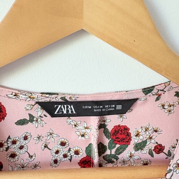 Zara Satin Effect Rose Floral Button Front Short Sleeve Dress Pink Size Medium - Picture 8 of 9